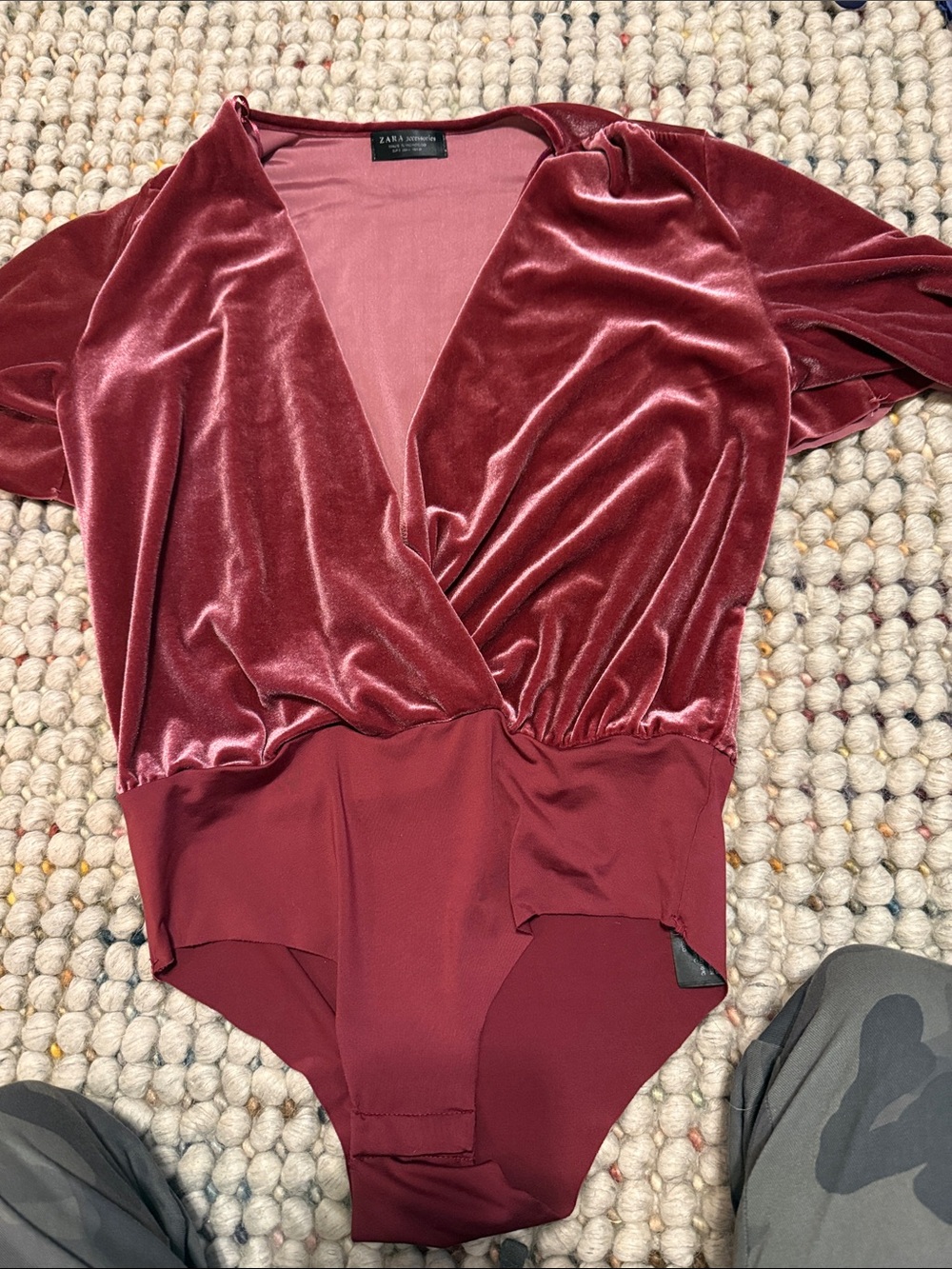 Zara Velvet Wrap-Front Bodysuit in Wine Red